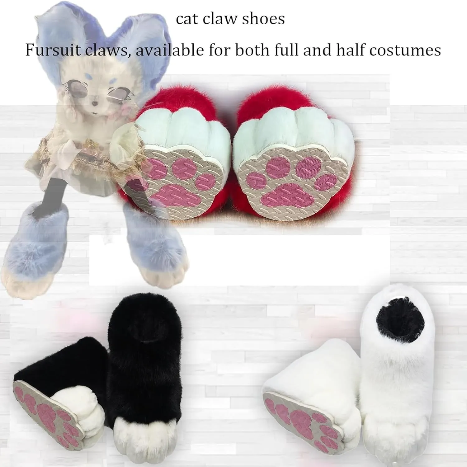 Furry Cute Cat Claw Shoes, Fursuit Role-Playing Cat Fox Wolf Slippers, Comic Exhibition Animal Clothing Accessories(B)