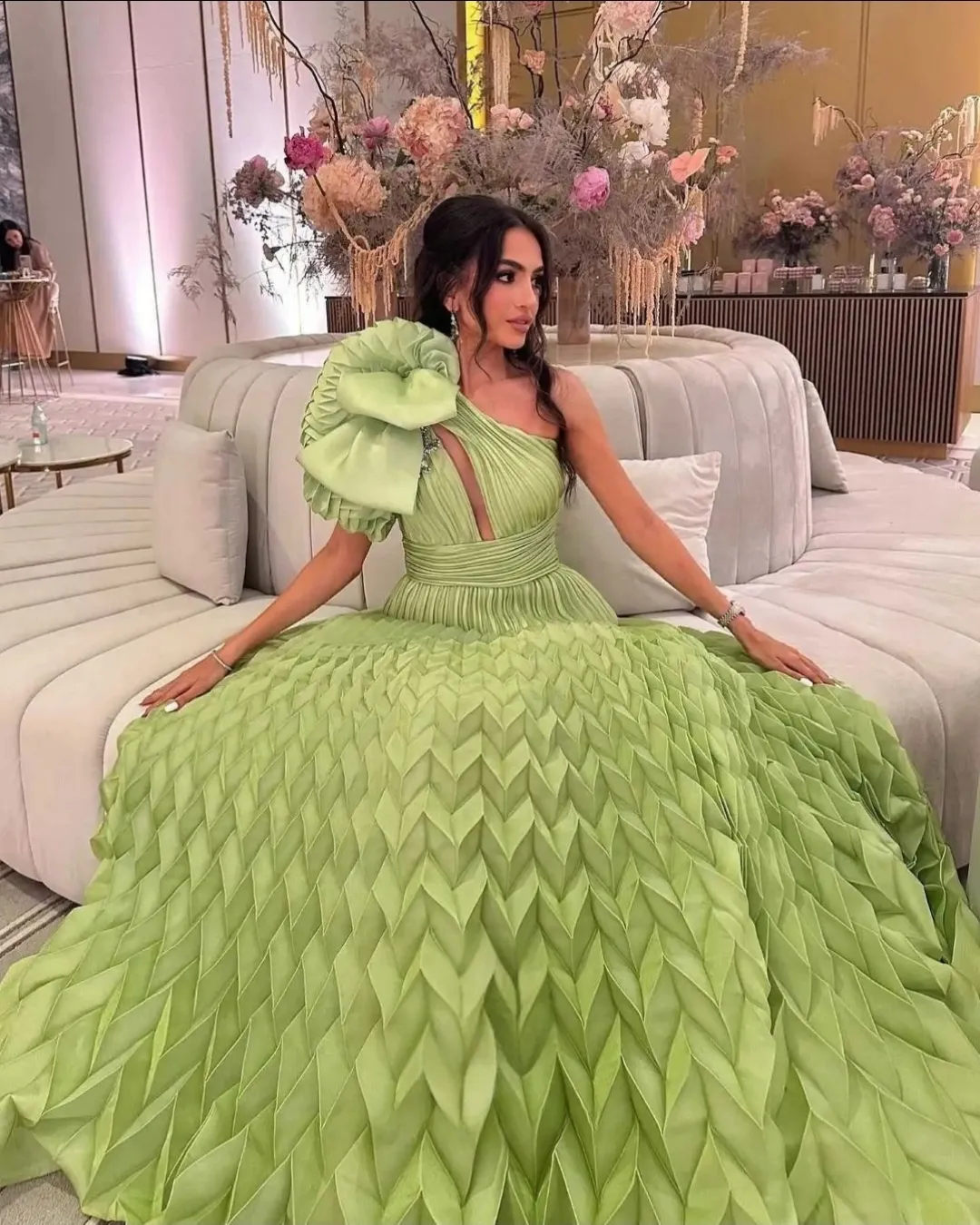 Green Geometry Patterns Satin Evening Dress