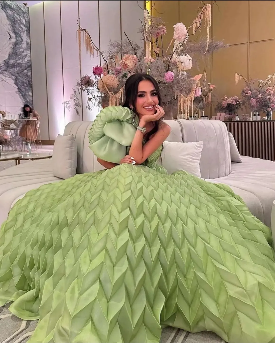 Green Geometry Patterns Satin Evening Dress