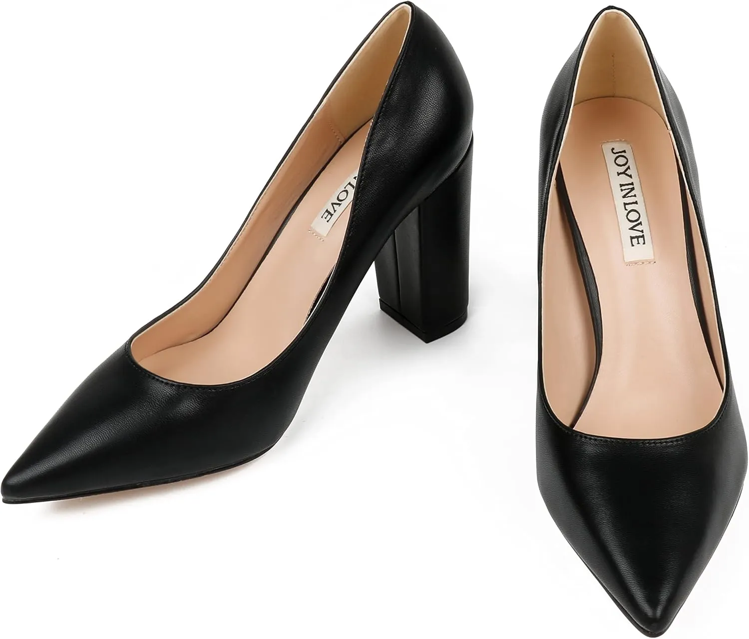 JOY IN LOVE Chunky Heels for Women High Block Heel Pointy Toe Dress Work Pumps