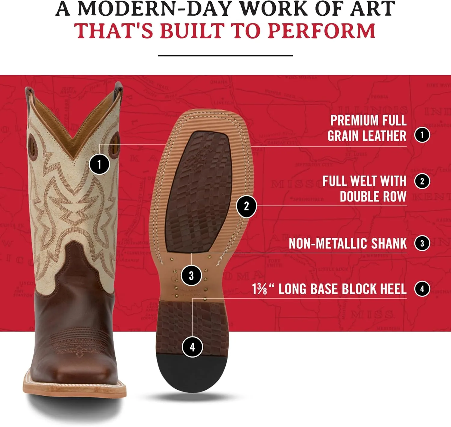 Justin Caddo 11" Western Boots for Men - Durable Premium Full-Grain Leather Square Toe Cowboy Boots Built with Full Double-Stitch Welt Construction