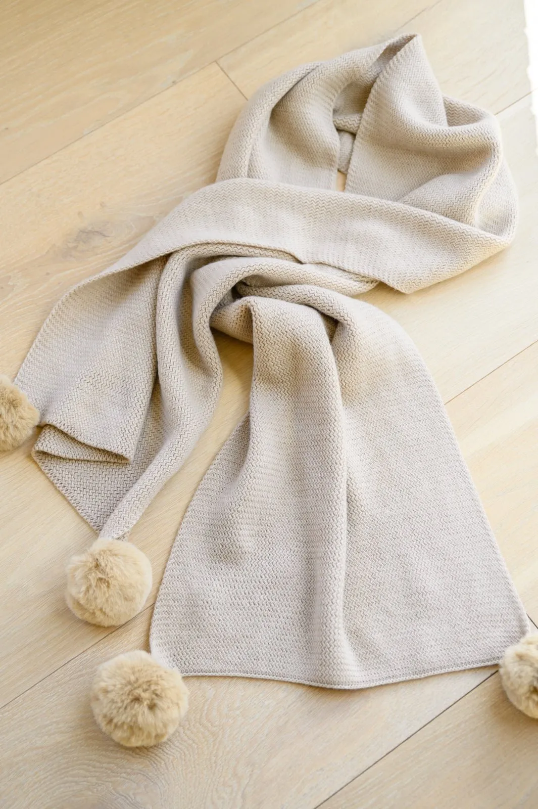 Knitted Fuzzy Pom Pom Scarf In Beige (Online Exclusive)