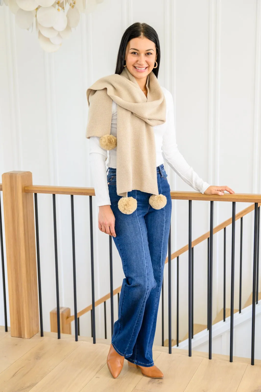 Knitted Fuzzy Pom Pom Scarf In Beige (Online Exclusive)