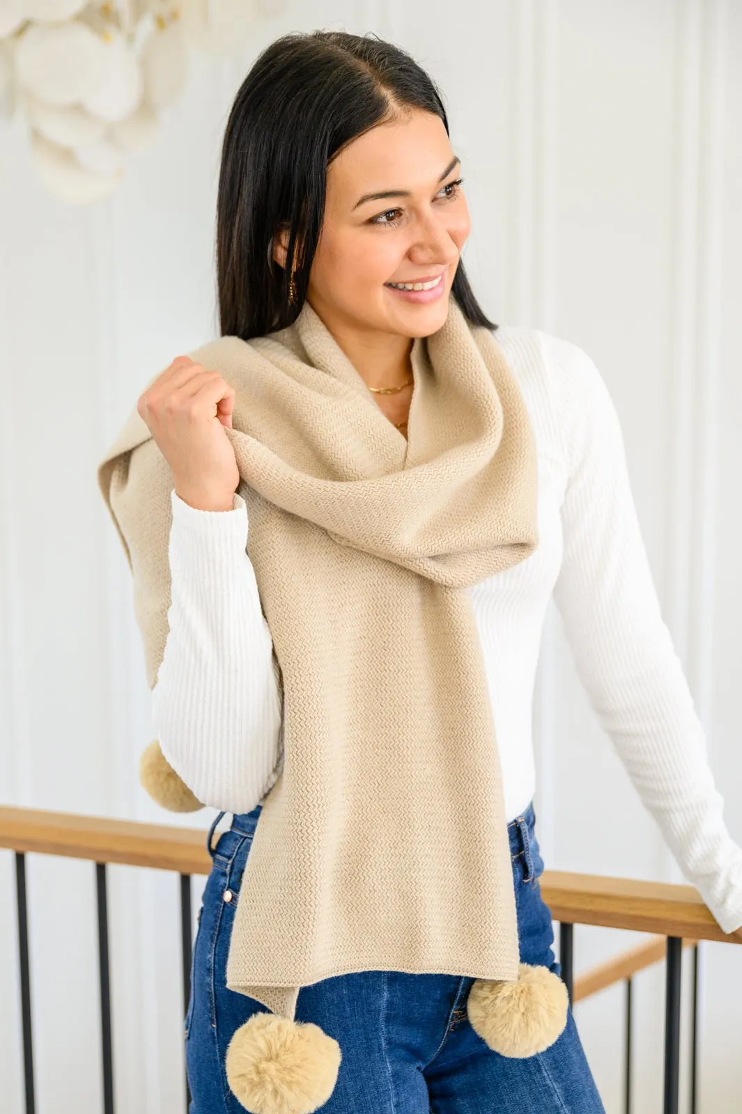 Knitted Fuzzy Pom Pom Scarf In Beige (Online Exclusive)