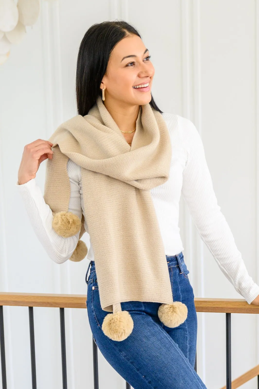 Knitted Fuzzy Pom Pom Scarf In Beige (Online Exclusive)