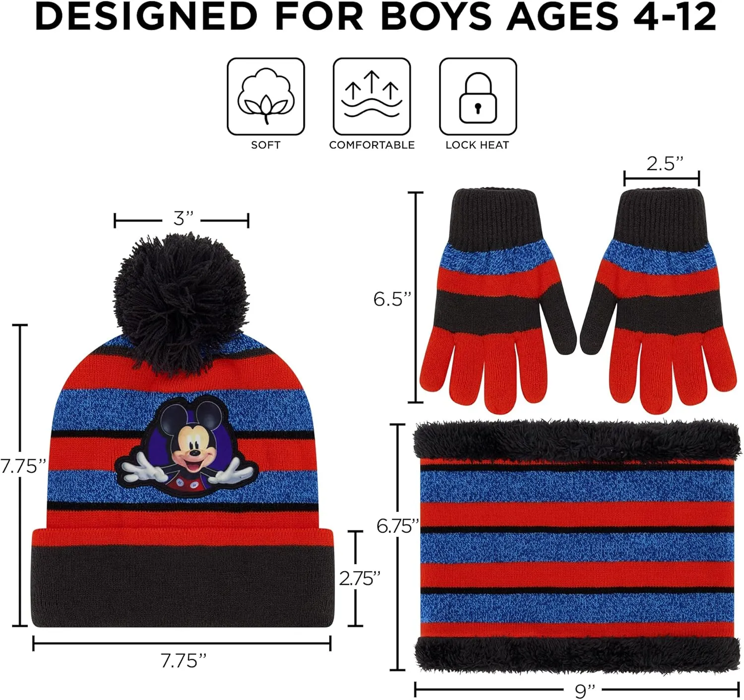 Mickey Mouse boys Toddler Winter Hat, Scarf & Mittens Set for Ages 2-4 Or Hat, Scarves & Kids Gloves Sets for Ages 4-7