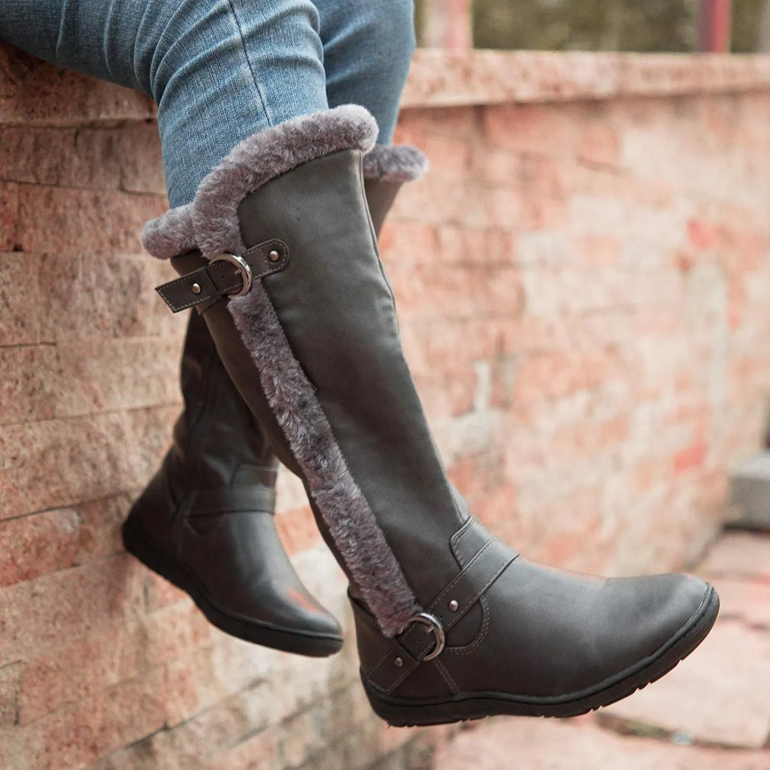 mysoft Women's Winter Knee High Boots Faux Fur Lined Zipper Tall Flat Boots