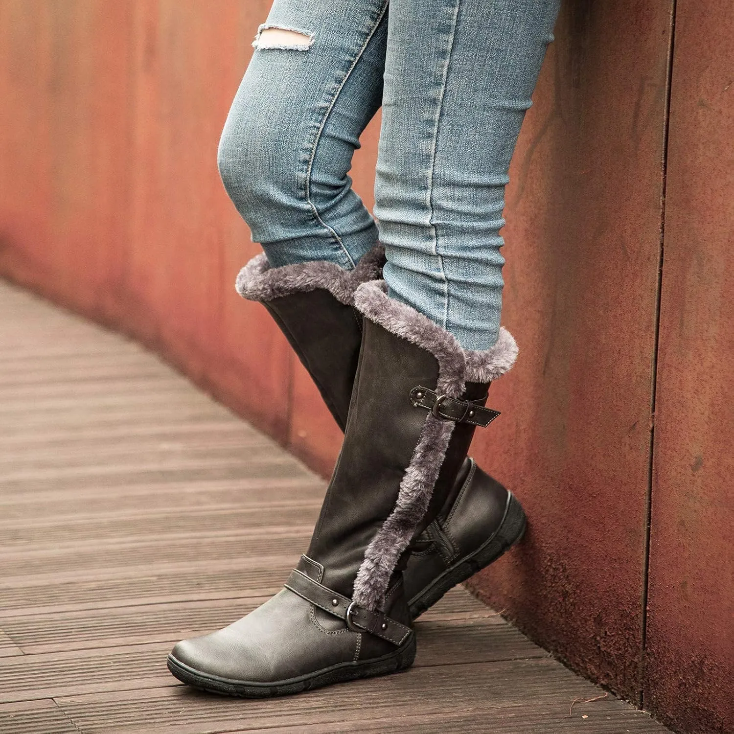 mysoft Women's Winter Knee High Boots Faux Fur Lined Zipper Tall Flat Boots