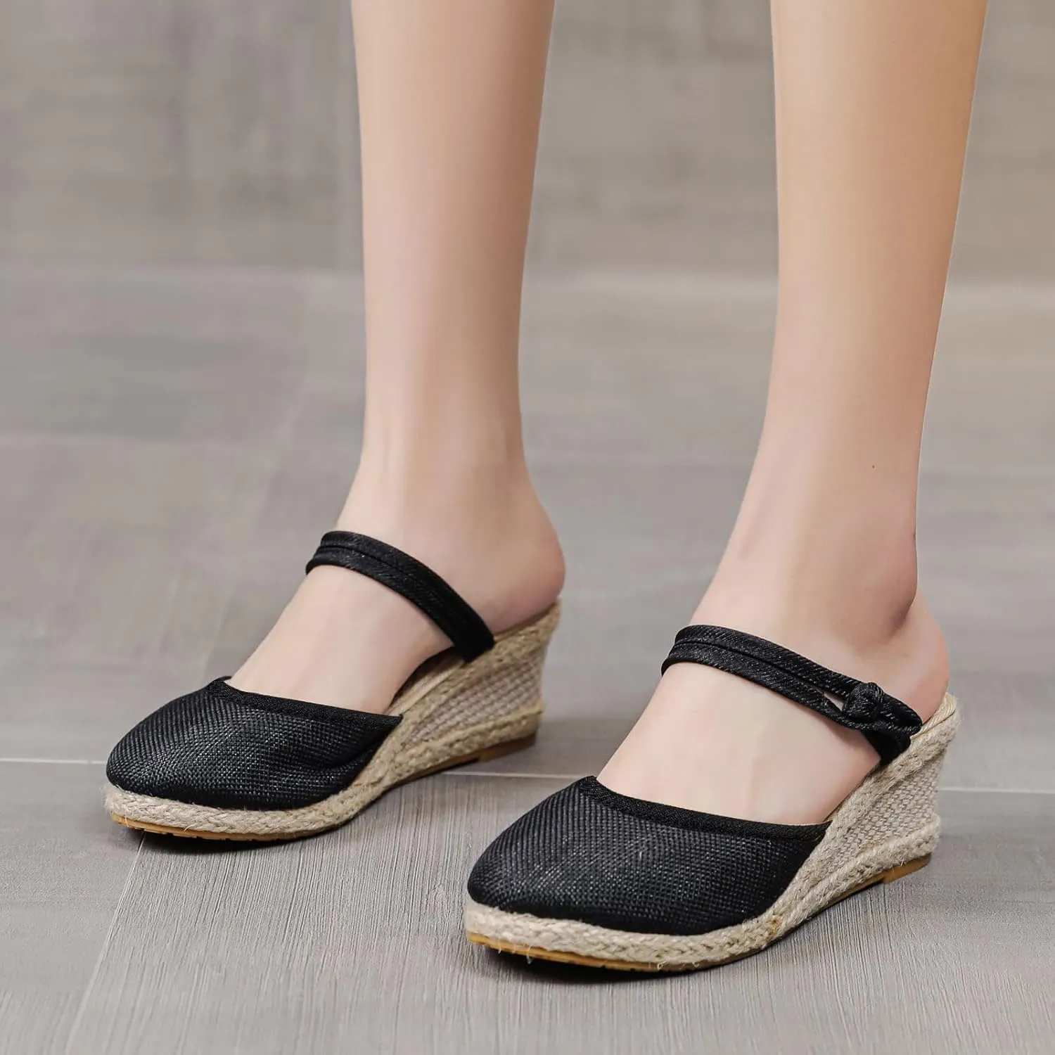 Women's Closed Toe Sandals Dressy Low Heel Slip On Sandals Espadrille Platform Wedges Sandal Summer Beach Sandal Weave Breathable Shoes with Arch Support