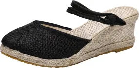 Women's Closed Toe Sandals Dressy Low Heel Slip On Sandals Espadrille Platform Wedges Sandal Summer Beach Sandal Weave Breathable Shoes with Arch Support