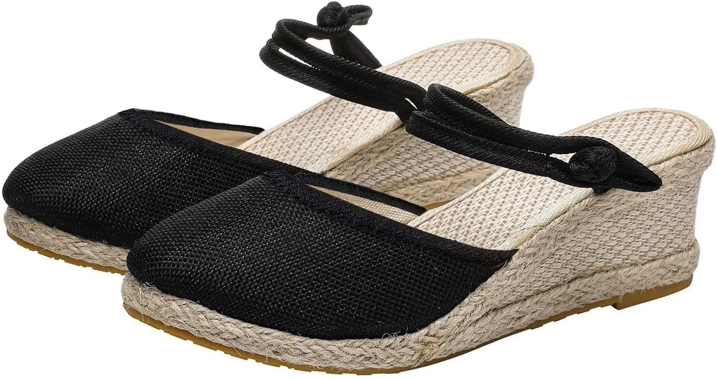 Women's Closed Toe Sandals Dressy Low Heel Slip On Sandals Espadrille Platform Wedges Sandal Summer Beach Sandal Weave Breathable Shoes with Arch Support