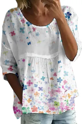 Womens Peasant Boho 3/4 Sleeve Plus Size Hippie Tops 2025 Floral Summer Babydoll Blouse Loose Fit Flowy Tunic Shirts