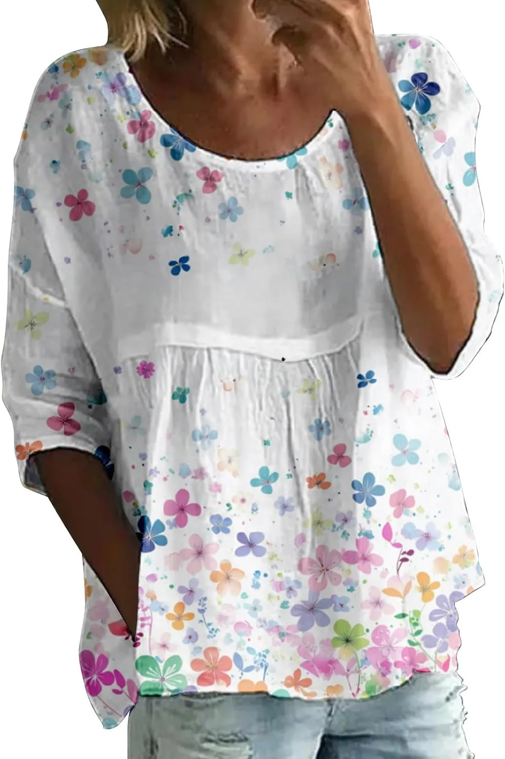 Womens Peasant Boho 3/4 Sleeve Plus Size Hippie Tops 2025 Floral Summer Babydoll Blouse Loose Fit Flowy Tunic Shirts